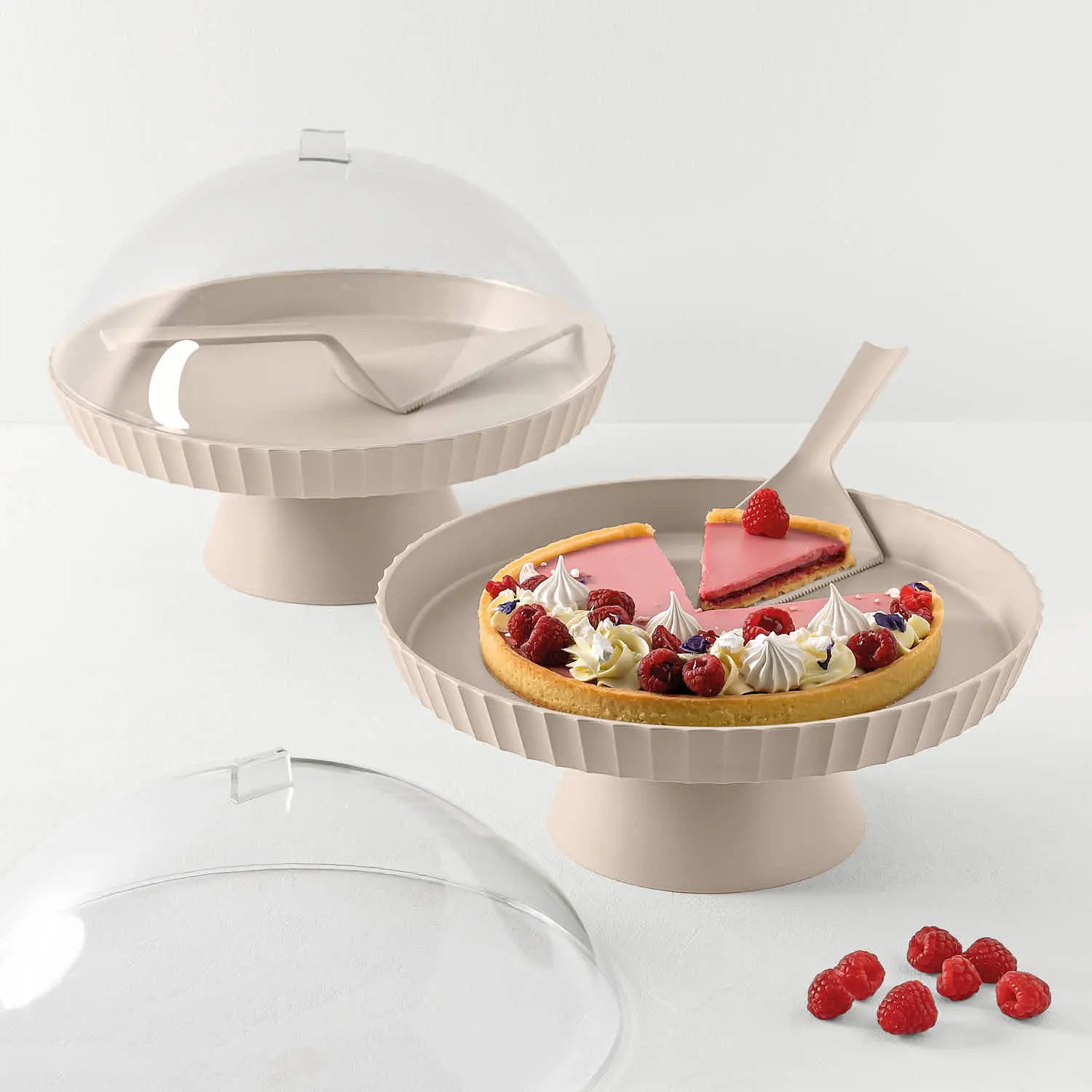 Blim Plus Agorà in Moka Grey: round tray with decorated sweets, open cake stand and dessert