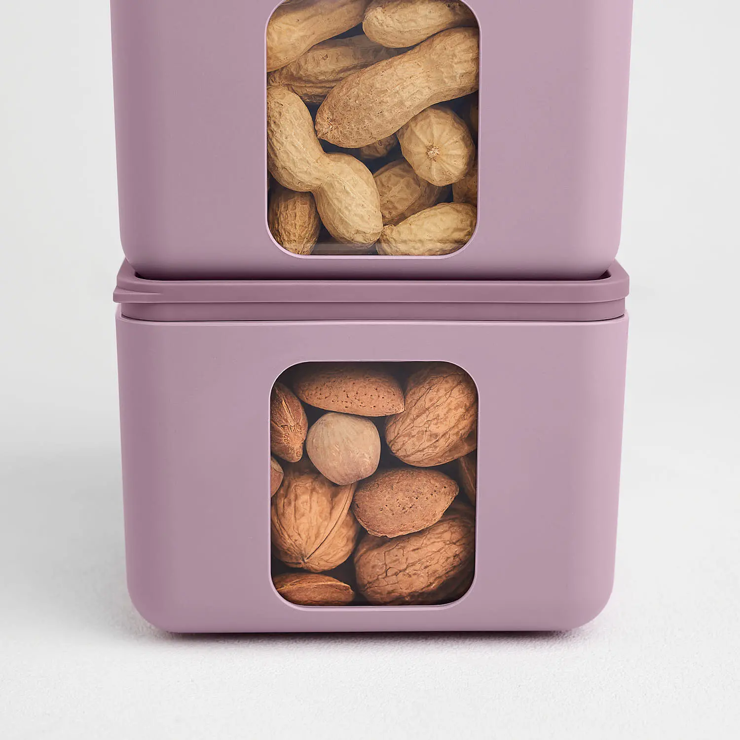 Blim Plus Peek Box Quadro impilabili con due contenitori a finestrella contenenti frutta secca in colorazione Mauve