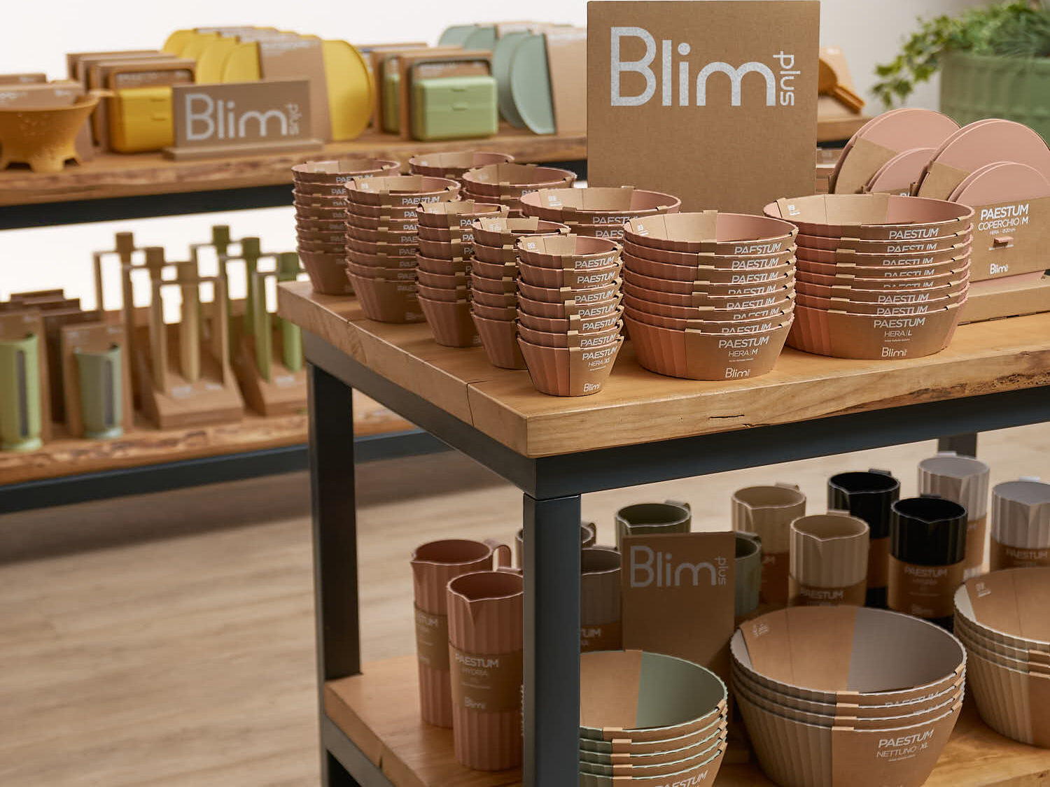 Vetrina Blim Plus con accessori Paestum su tavolo in legno, scatole e contenitori etichettati.